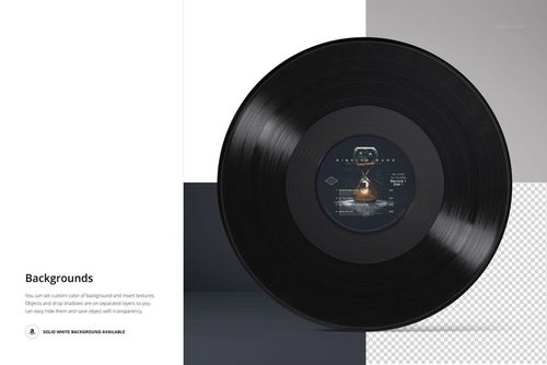 Standing black vinyl record mockup shown from the front on a divided background with white and gray panels.