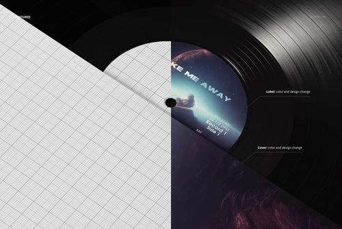 Black vinyl record mockup shown in a sleeve, featuring a split design with editable grid and music-themed label.