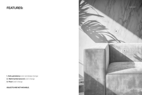 Velvet sofa mockup shown from a side angle, textured upholstery and natural light shadows on marble wall background.