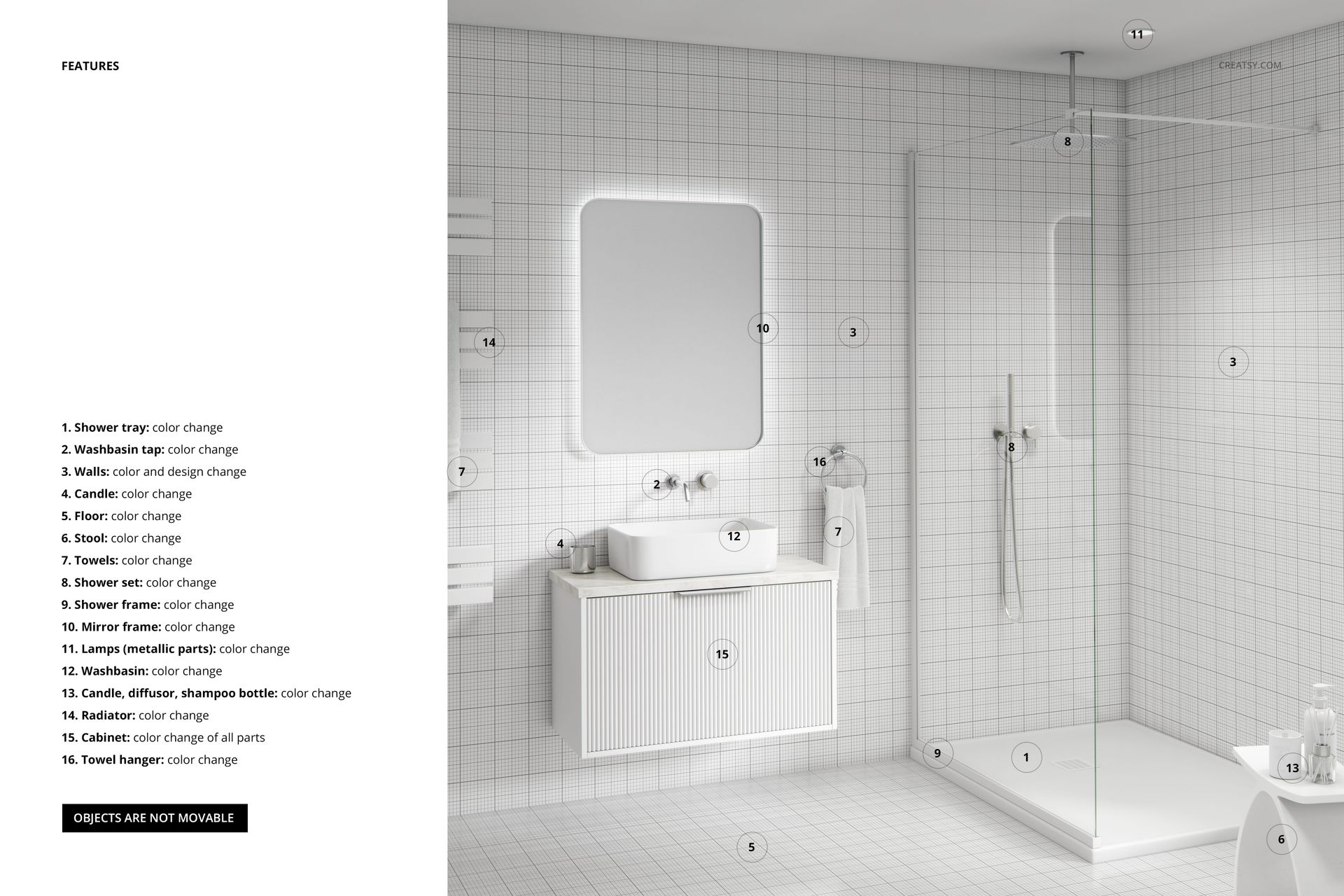 Modern luxury bathroom mockup featuring a white tiled interior, wall-mounted sink, and glass shower enclosure in a front view.