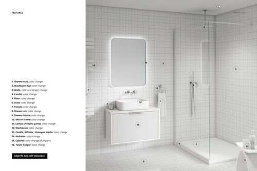 Modern luxury bathroom mockup featuring a white tiled interior, wall-mounted sink, and glass shower enclosure in a front view.