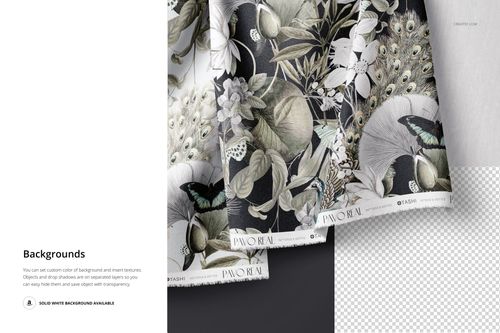 Front view of hanging fabrics with botanical and butterfly patterns in muted colors, displayed in a PSD mockup scene.