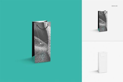 Three paper bags shown in a mockup set, featuring different designs and colors on a turquoise and white background.