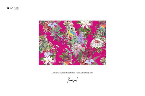 Rectangular silk scarf mockup featuring a vibrant floral and animal pattern on a magenta background, front view.