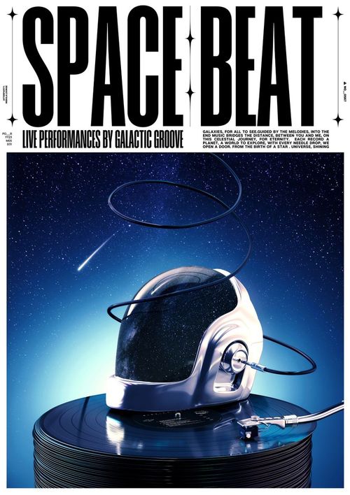 Poster mockup showing a metallic helmet with a coiled cable on a vinyl record, with stars and a comet in the background.