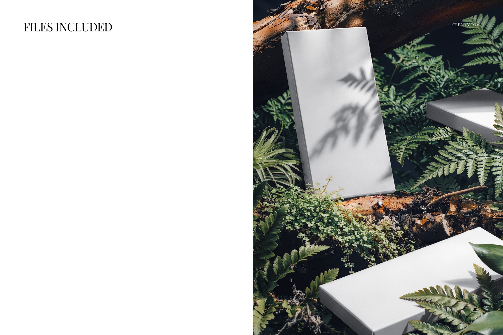 Rectangular chocolate boxes mockup placed among green ferns and moss in a forest setting, angled perspective.
