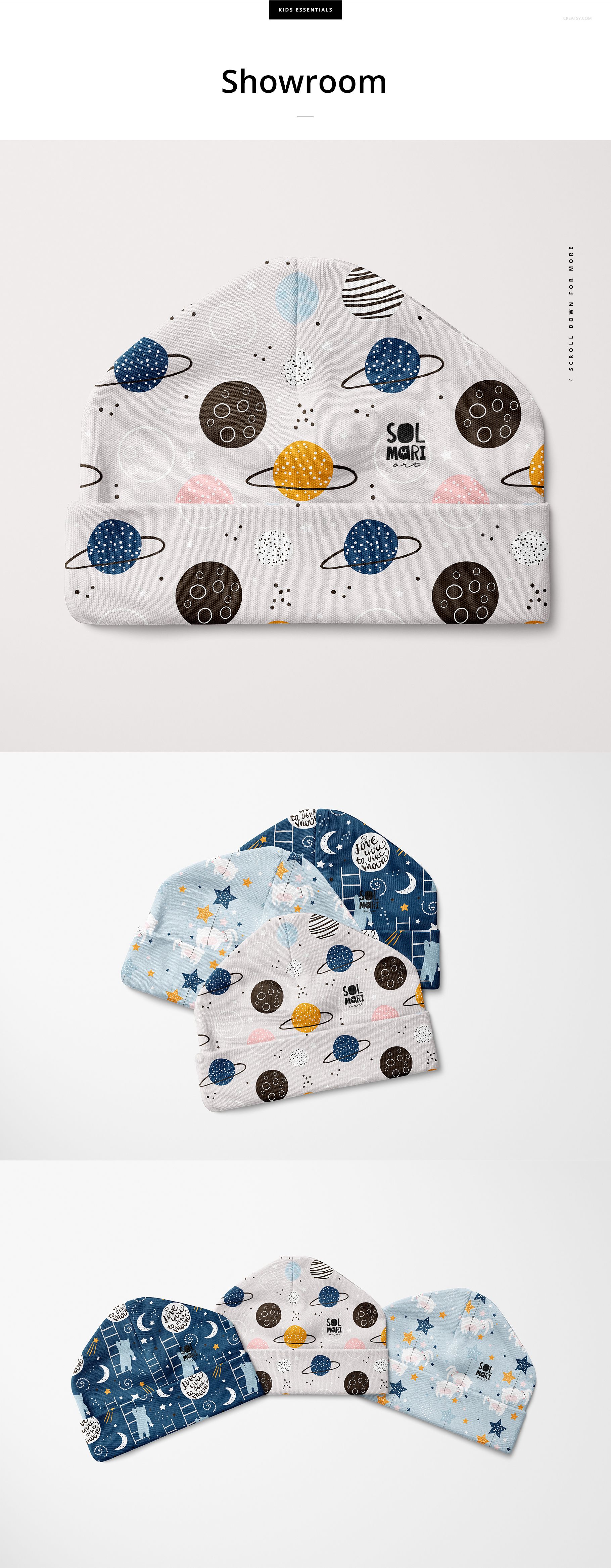Baby beanie hat mockup featuring three hats with space-themed patterns, displayed from a front view on a white background.