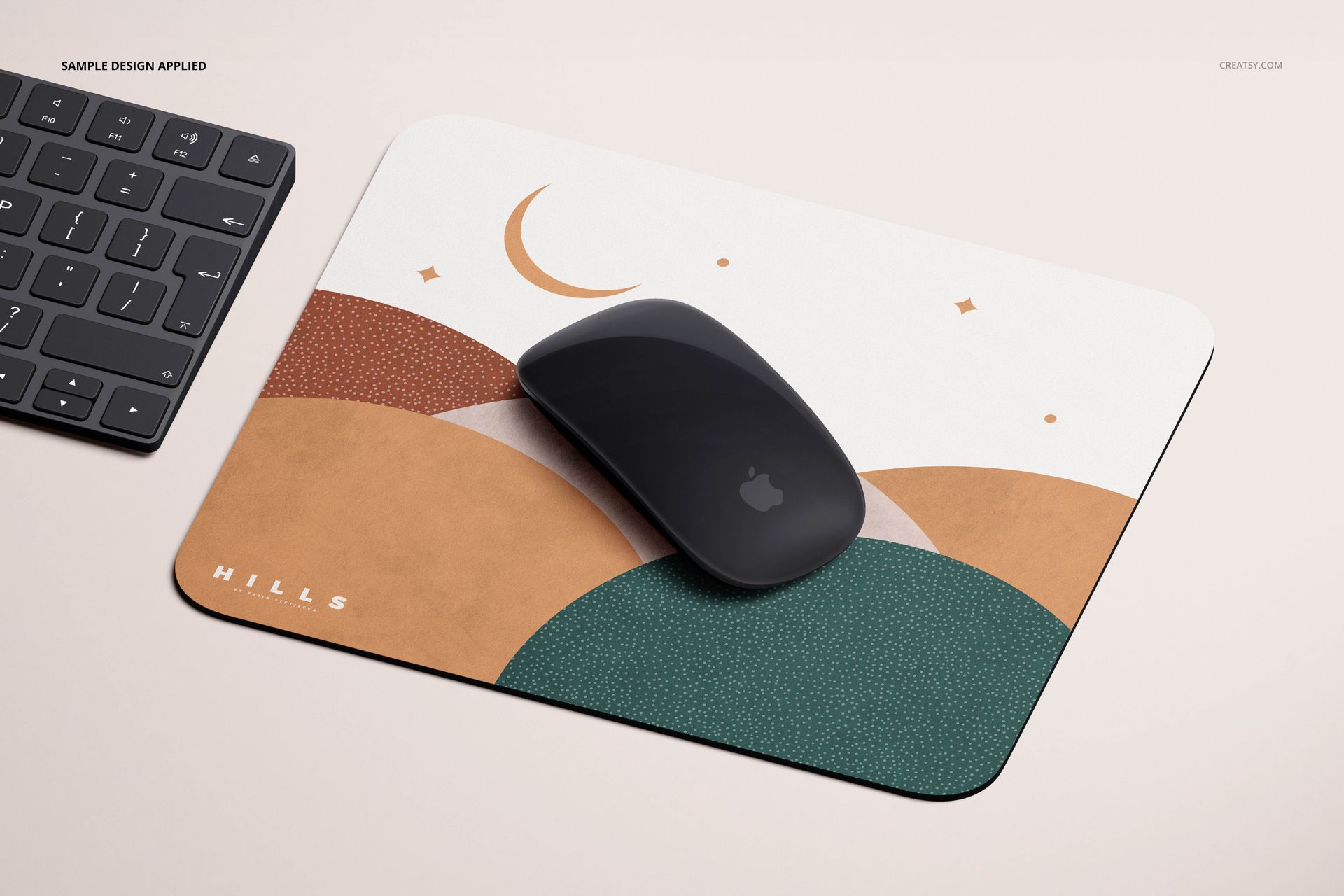 Angled perspective of a rectangular mouse pad mockup featuring a geometric pattern, mouse, and partial keyboard.