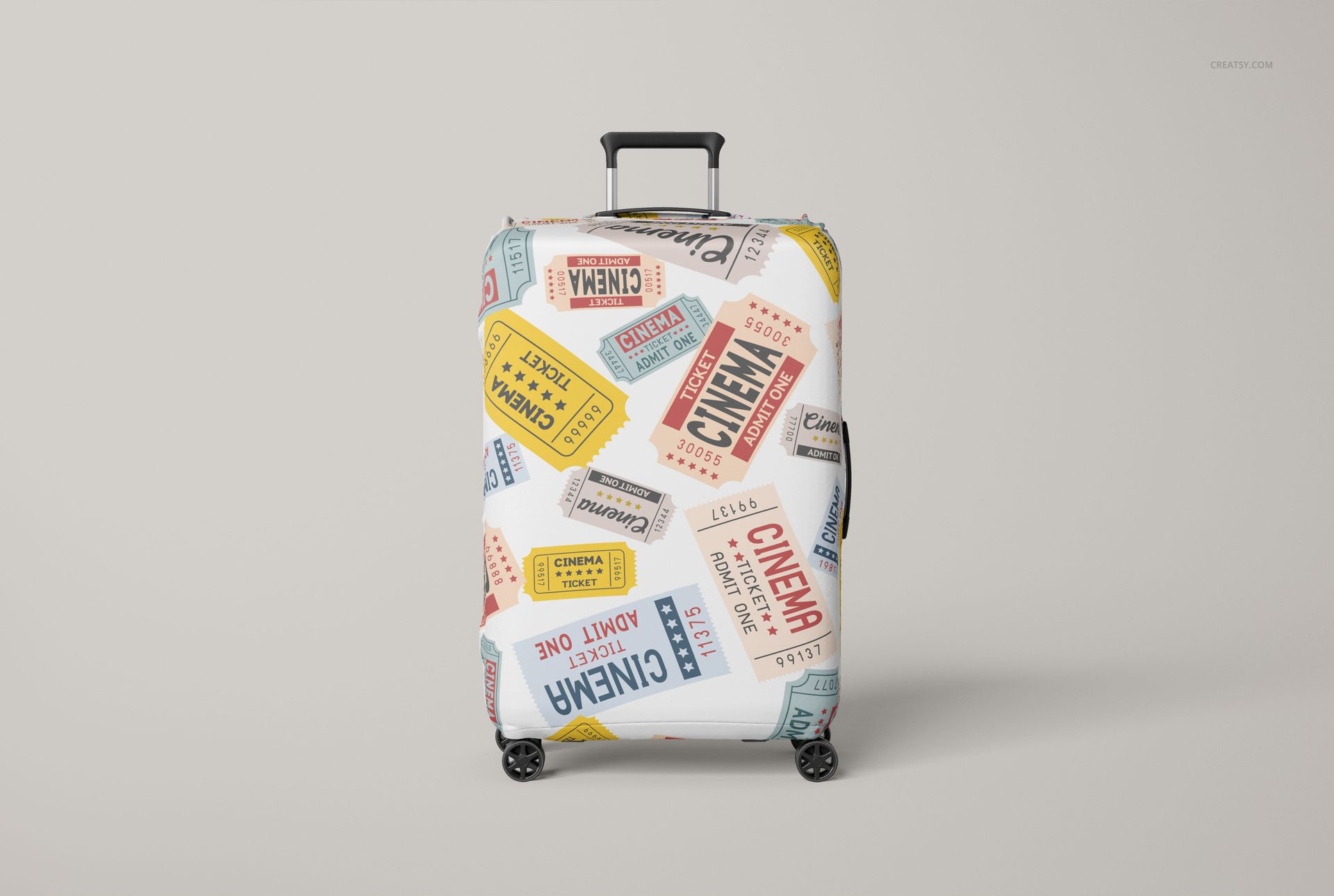 Suitcase luggage cover mockup displaying various movie ticket designs in red, yellow, and blue on a white cover.