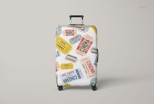 Suitcase luggage cover mockup displaying various movie ticket designs in red, yellow, and blue on a white cover.