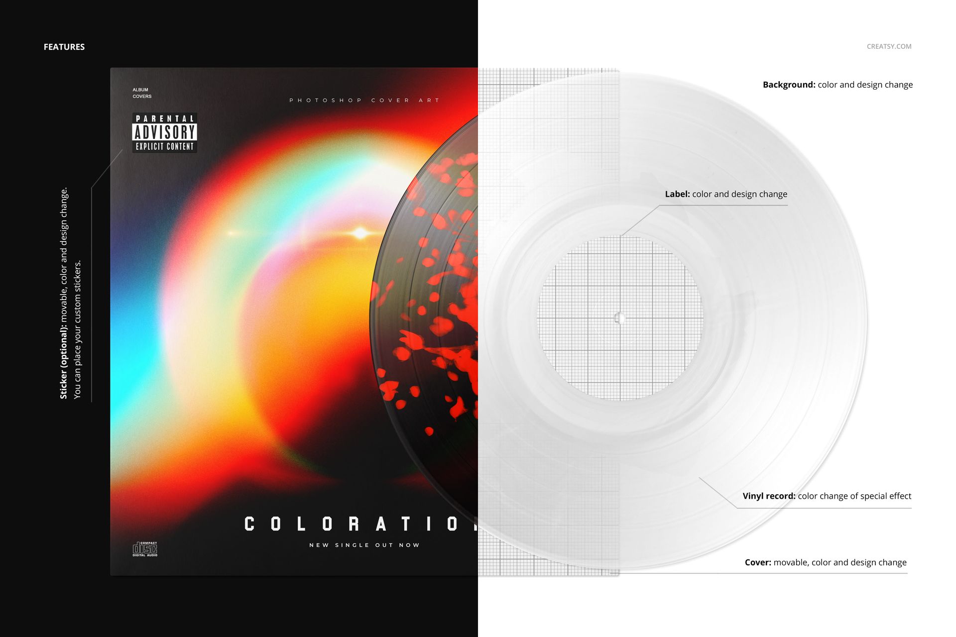 Front view of a vinyl record and cover mockup with a vibrant splatter effect, split between color and grayscale sections.