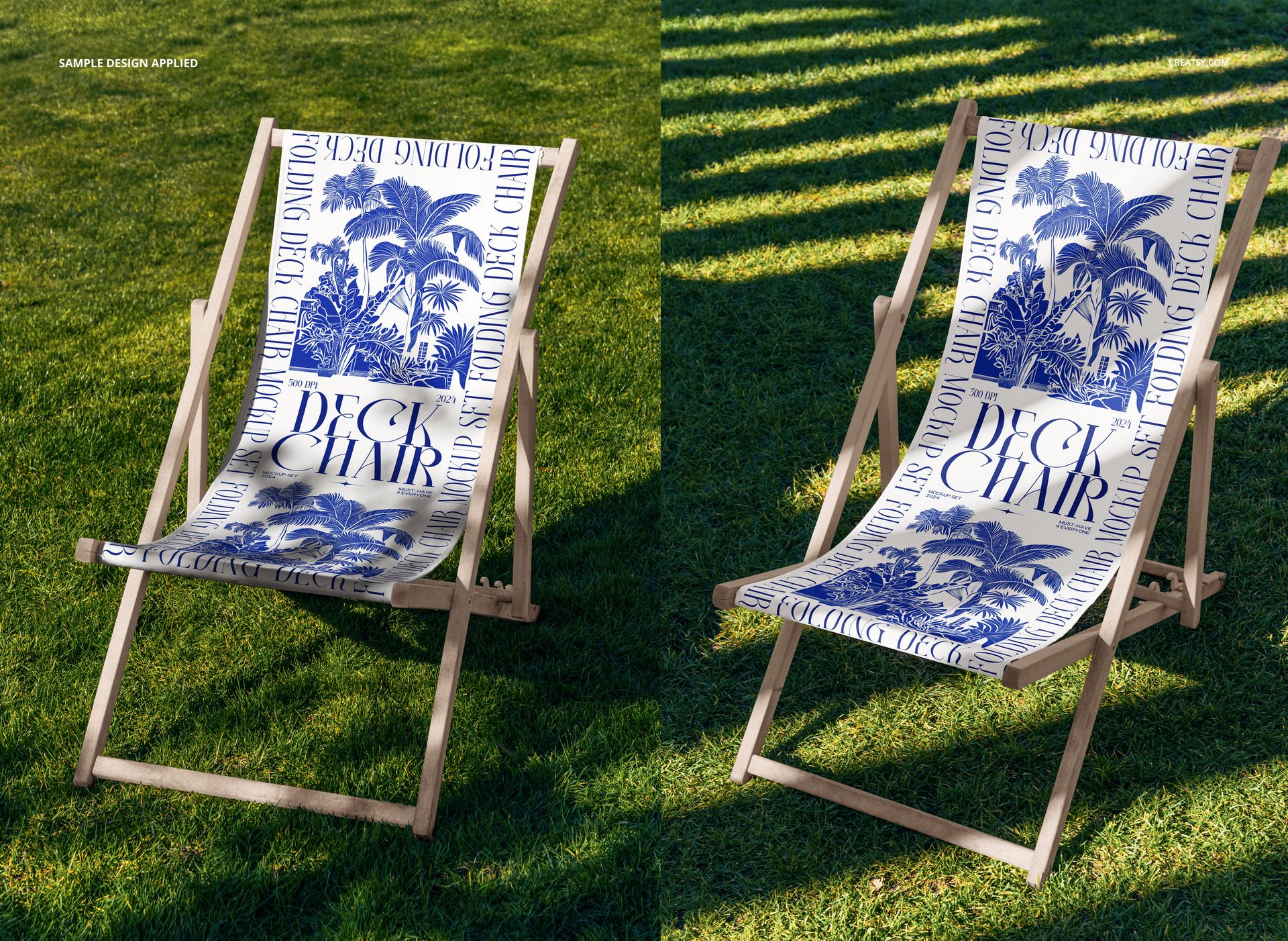 Two folding deck chairs with wooden frames and blue patterned fabric on green grass in an outdoor garden setting.