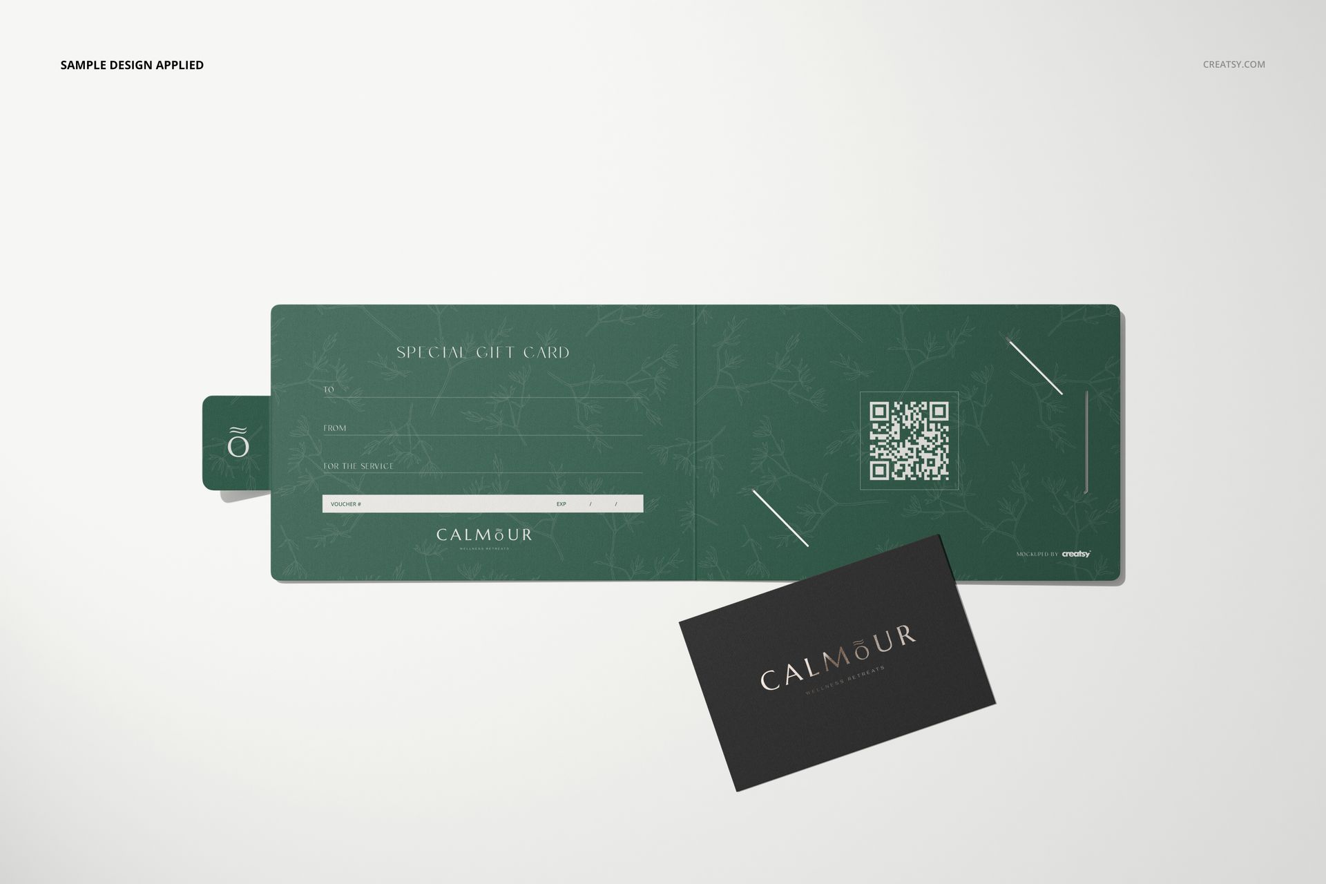 Open gift card holder mockup with a dark green marble pattern, showing card slot and QR code, top view.