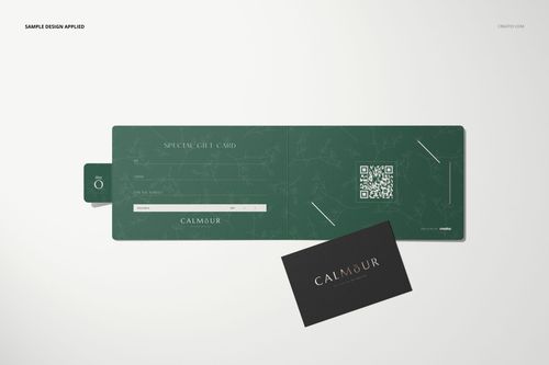 Open gift card holder mockup with a dark green marble pattern, showing card slot and QR code, top view.