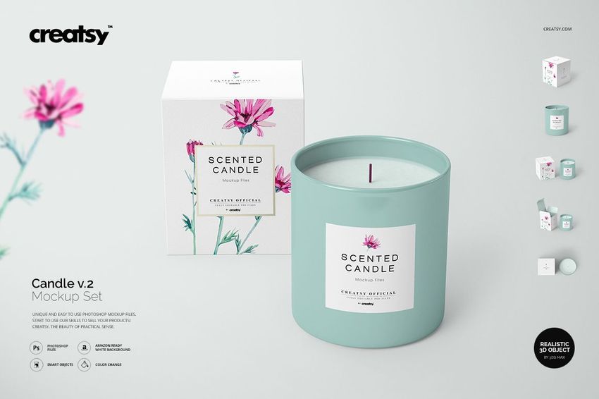 Classic candle PSD mockup set with a round candle and decorative box, both featuring minimalist floral artwork.