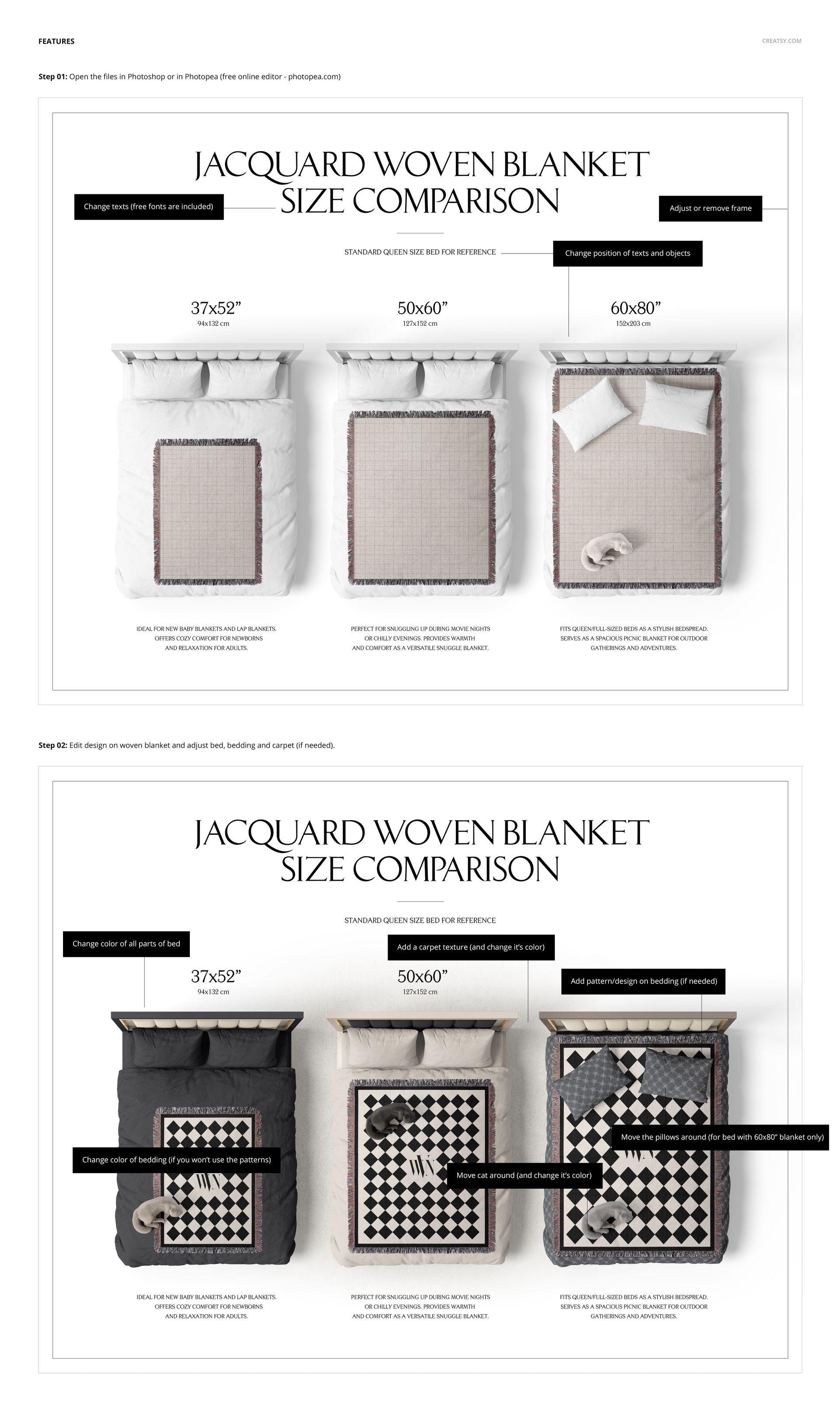 Jacquard woven blanket size comparison mockup showing three bedding setups in different dimensions, top view.