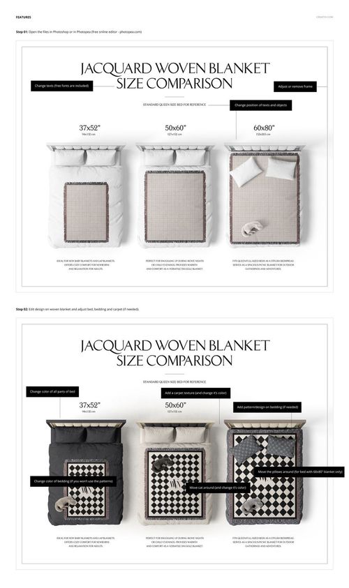 Jacquard woven blanket size comparison mockup showing three bedding setups in different dimensions, top view.