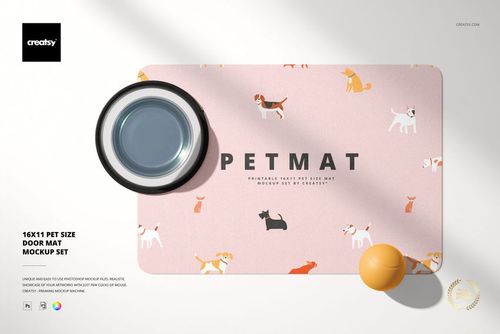 Rectangular pet door mat with playful dog illustrations on a pale pink background, shown from a top view.