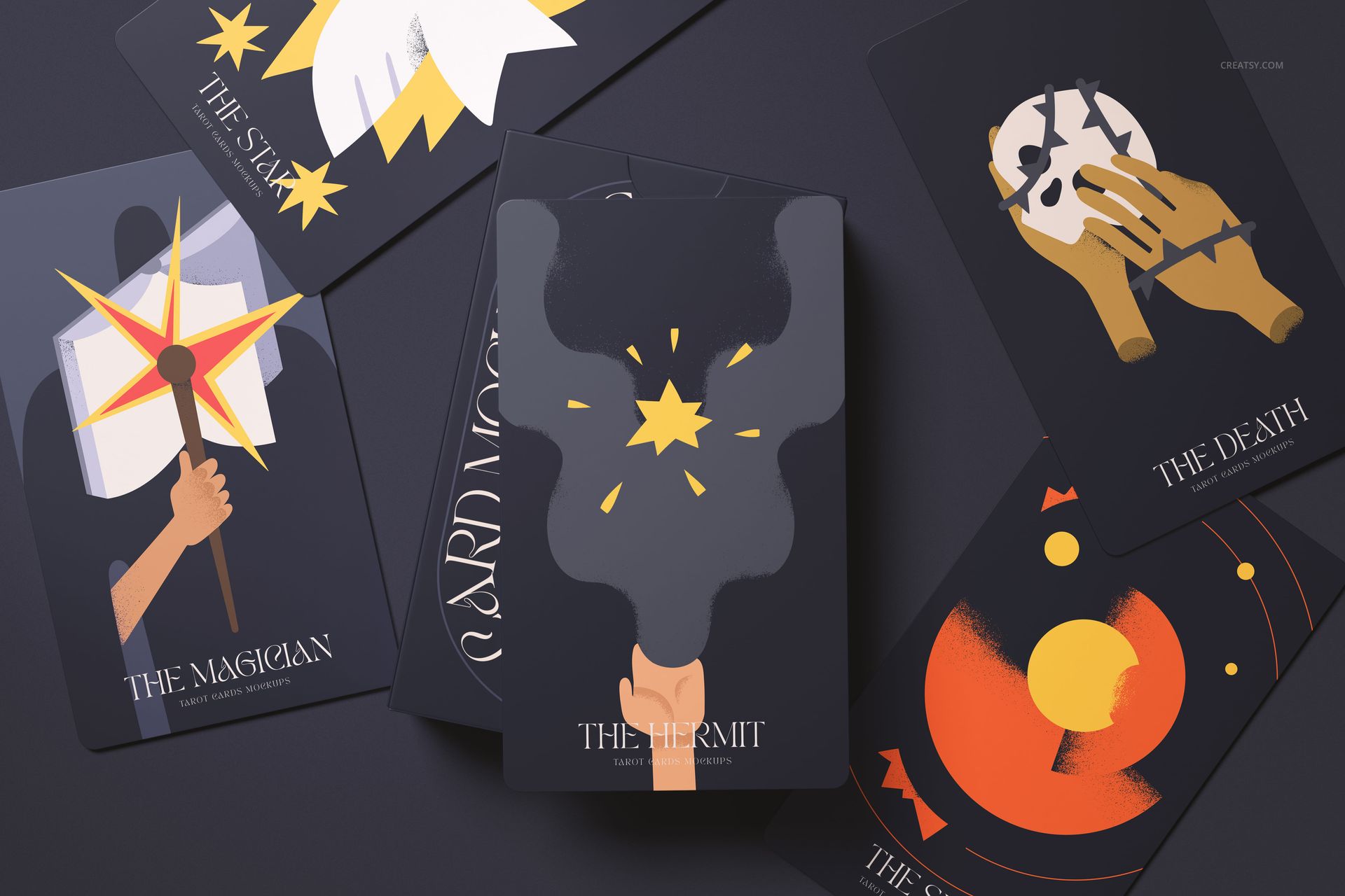 Close-up view of tarot cards mockup bundle with stylized artwork, including hands, stars, and abstract shapes.