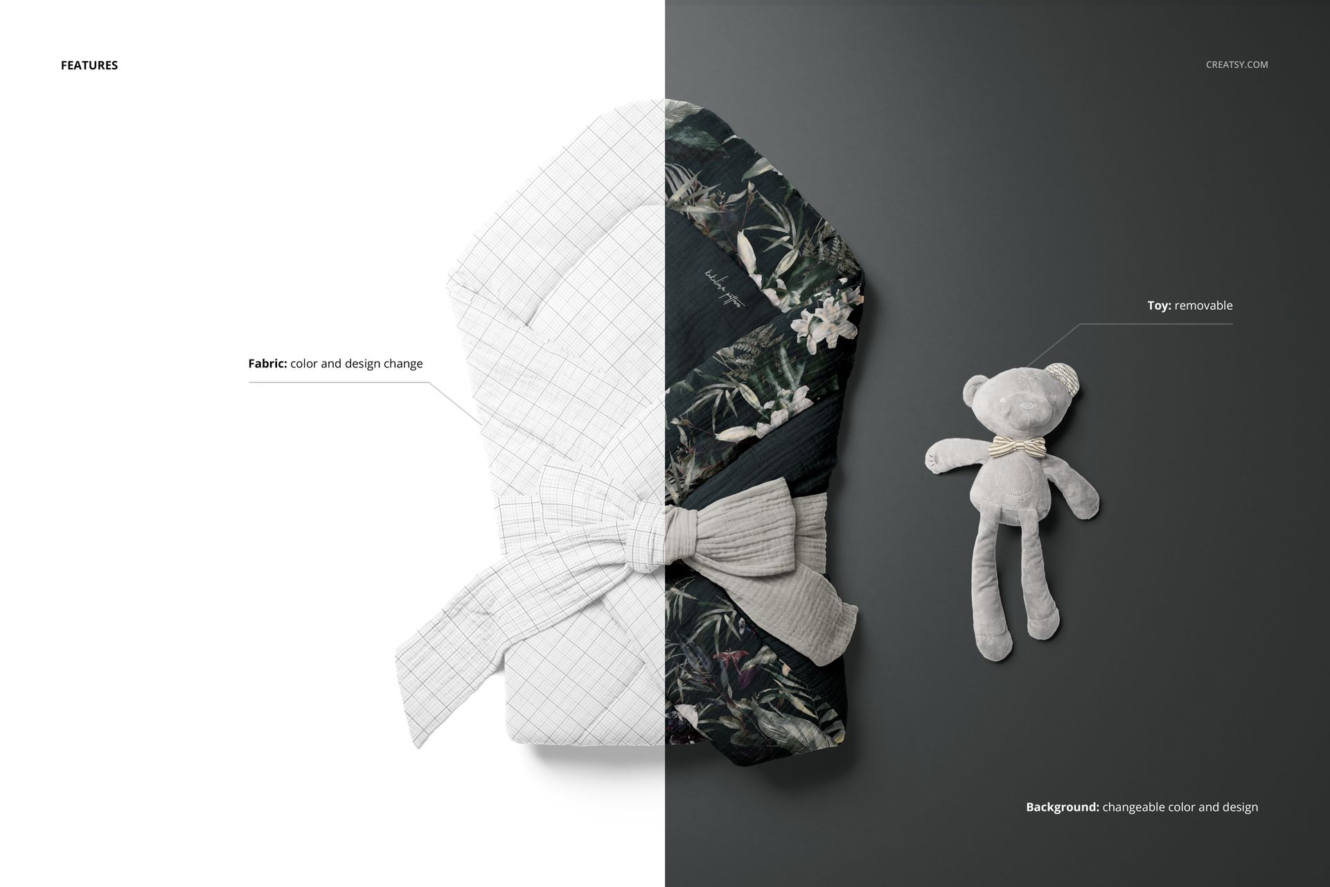PSD mockup of a muslin baby wrap shown from above, featuring a bow tie detail and a removable teddy bear on a gray surface.