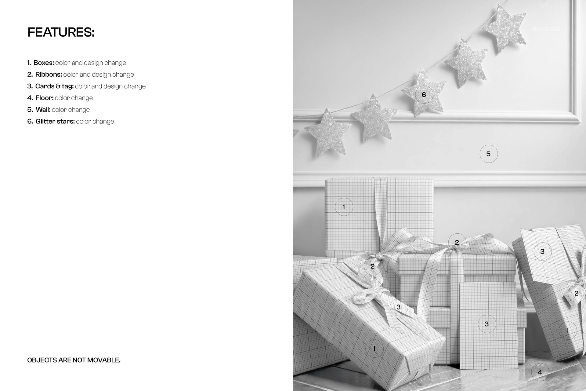 Mockup scene showing several packaging boxes in different shapes and grid patterns, set beside a decorative star garland.