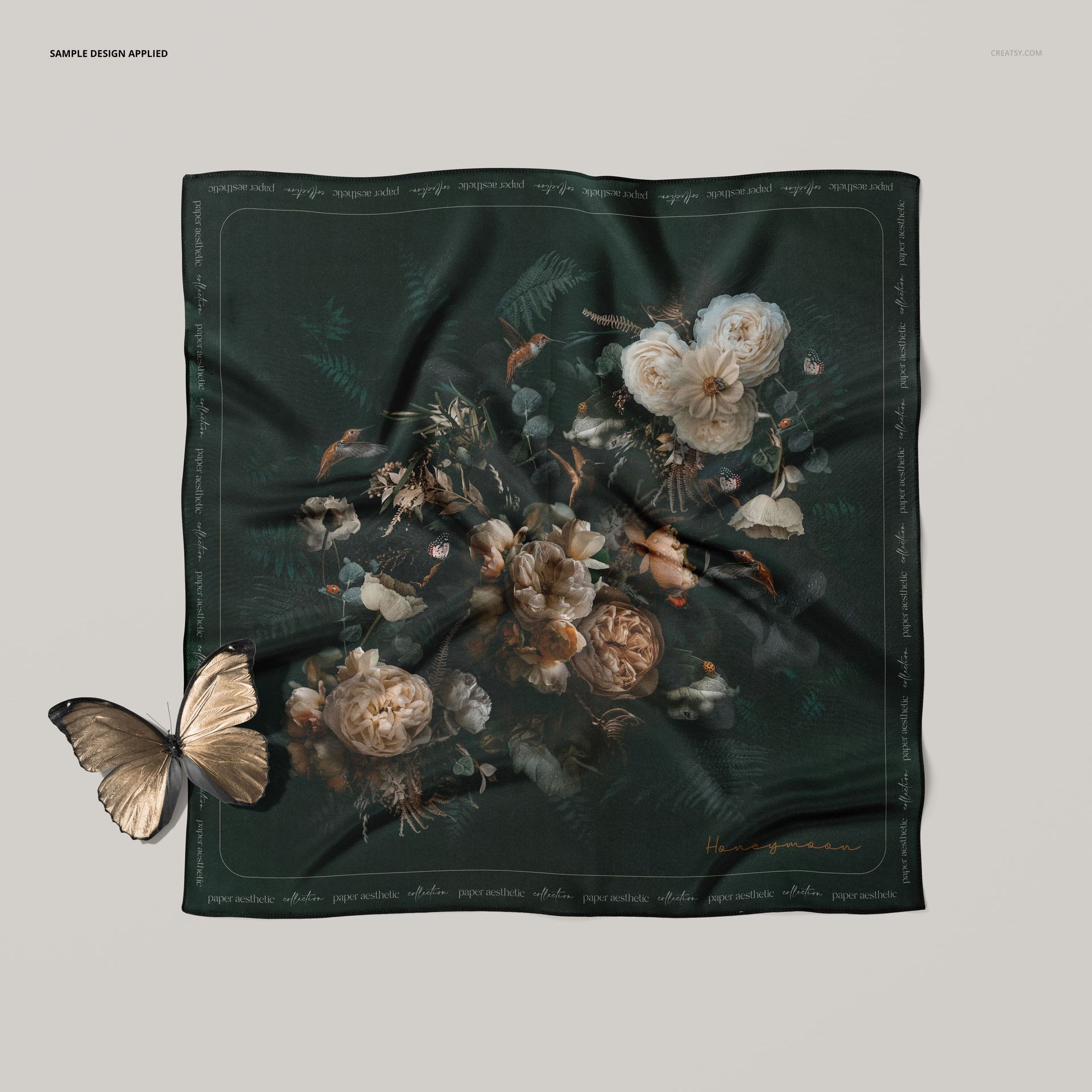 53x53cm crepe de chine silk mockup displayed flat, showing intricate flowers and foliage on a dark backdrop.