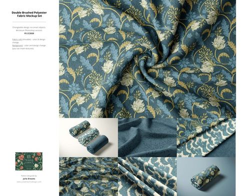 Detailed PSD mockup showing double brushed polyester fabric with a classic floral design in blue and cream tones.