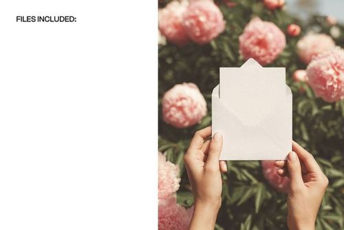 Hands holding a blank envelope and card in front of blooming pink peonies, stationery mockup scene outdoors.
