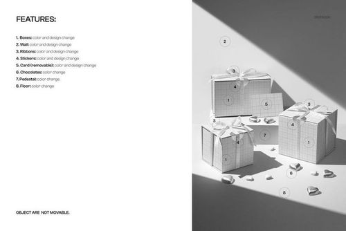 PSD mockup showing three square magnetic gift boxes with ribbons and chocolates, arranged on a bright surface.