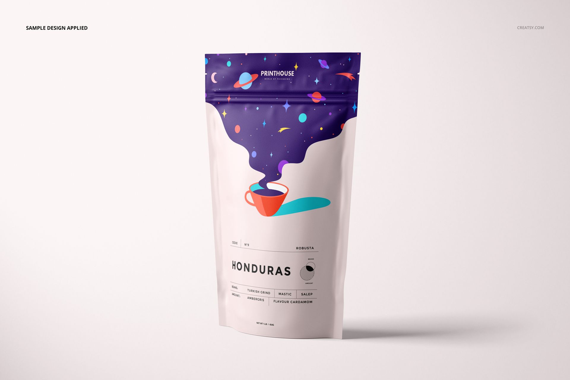 Front view of a stand up zip lock pouch mockup featuring a purple cosmic pattern and a red cup illustration.
