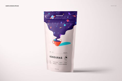Front view of a stand up zip lock pouch mockup featuring a purple cosmic pattern and a red cup illustration.