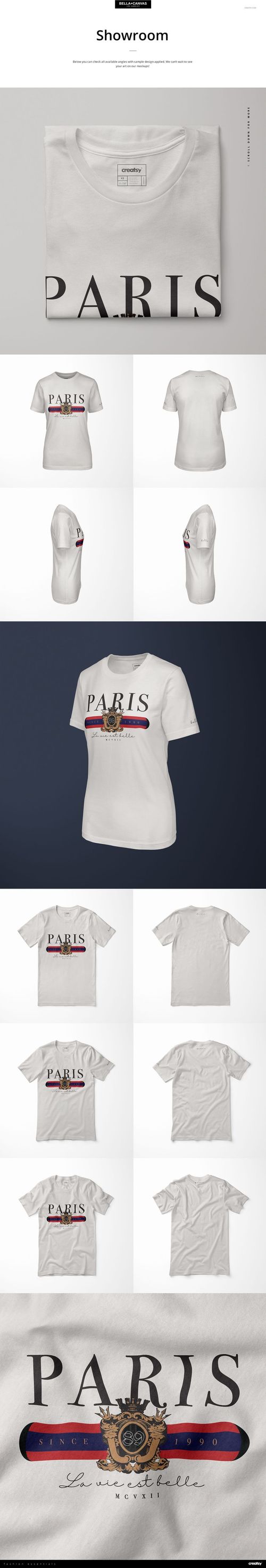 Unisex short sleeve tee mockup in white, displayed with front, back, side, and close-up views on neutral backgrounds.