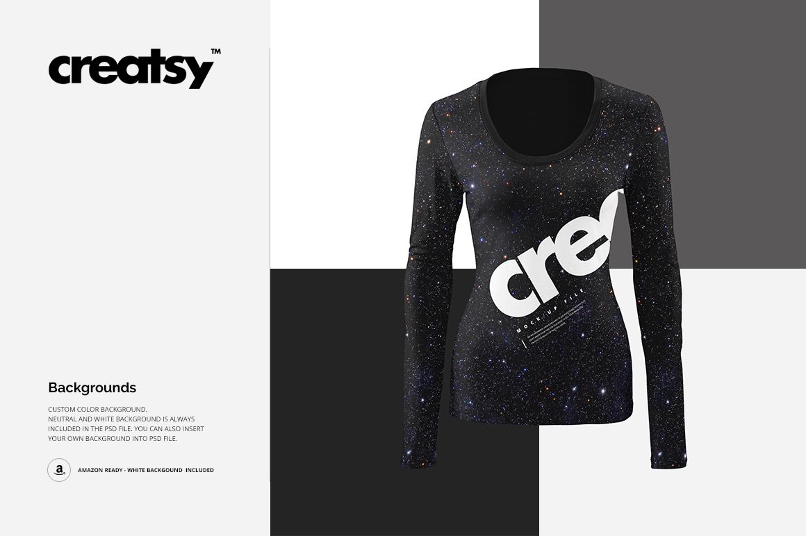 Front view of a women's long sleeve shirt mockup with a starry night pattern and bold white text, displayed on a geometric background.
