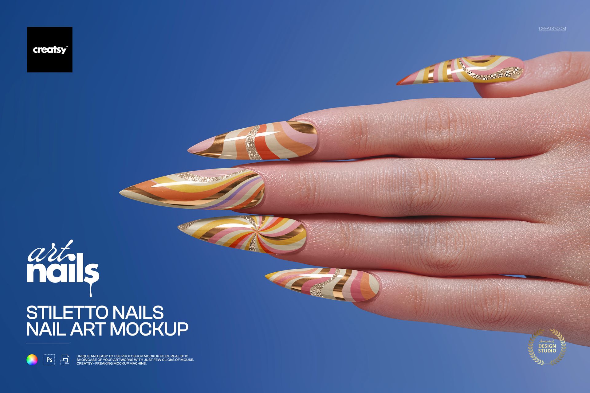 PSD mockup showing a hand with elongated stiletto nails painted in vibrant striped and swirled designs.