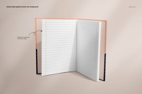 Open notebook mockup with lined pages, peach-colored cover, and black spine displayed on a neutral background.