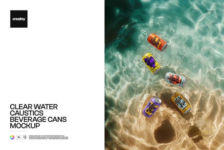 PSD mockup showing beverage cans with various labels floating in sunlit shallow water, surrounded by natural reflections.