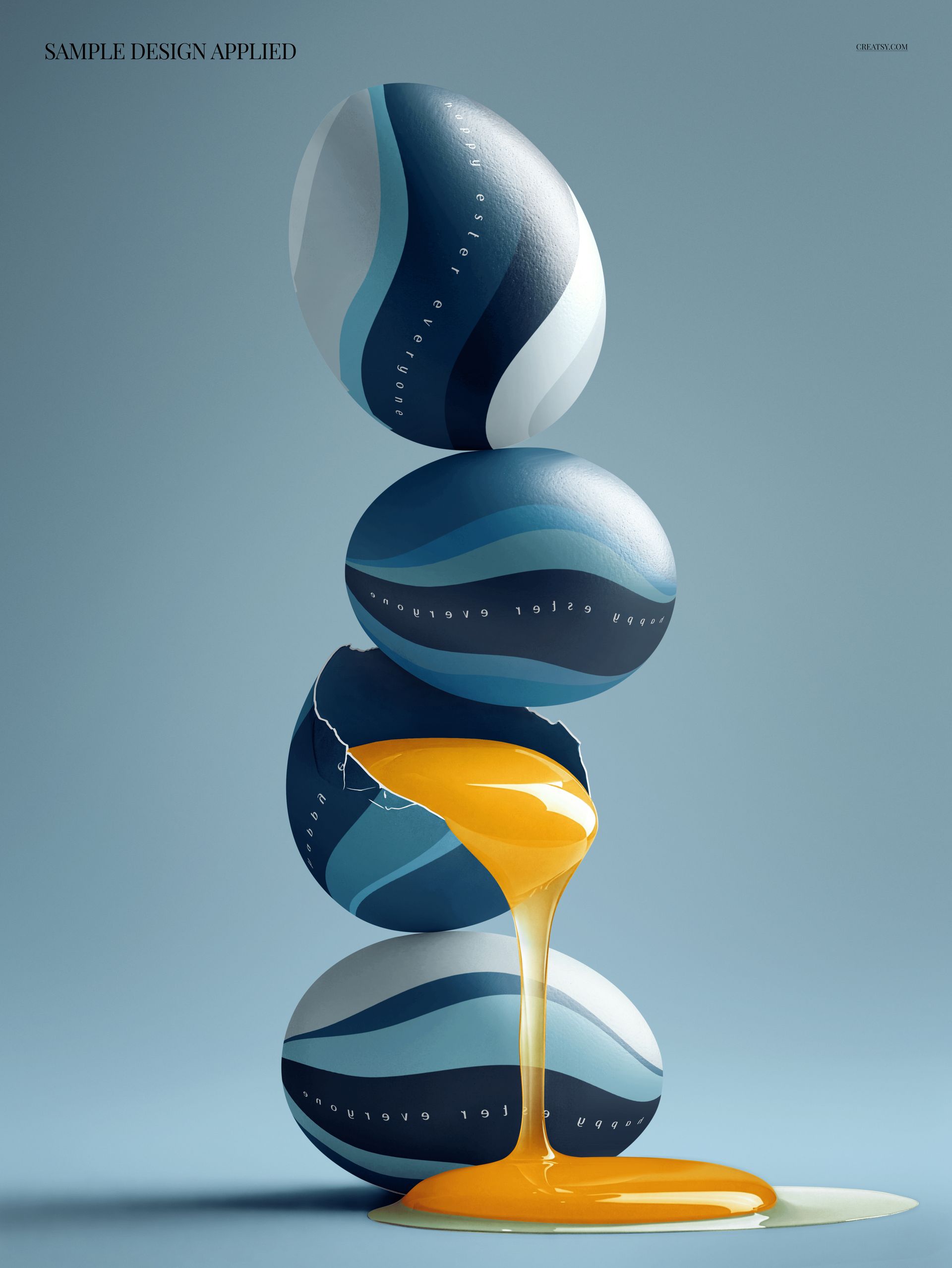 Stack of three Easter eggs with blue and white wavy patterns, one cracked open with yolk flowing out, front view mockup.