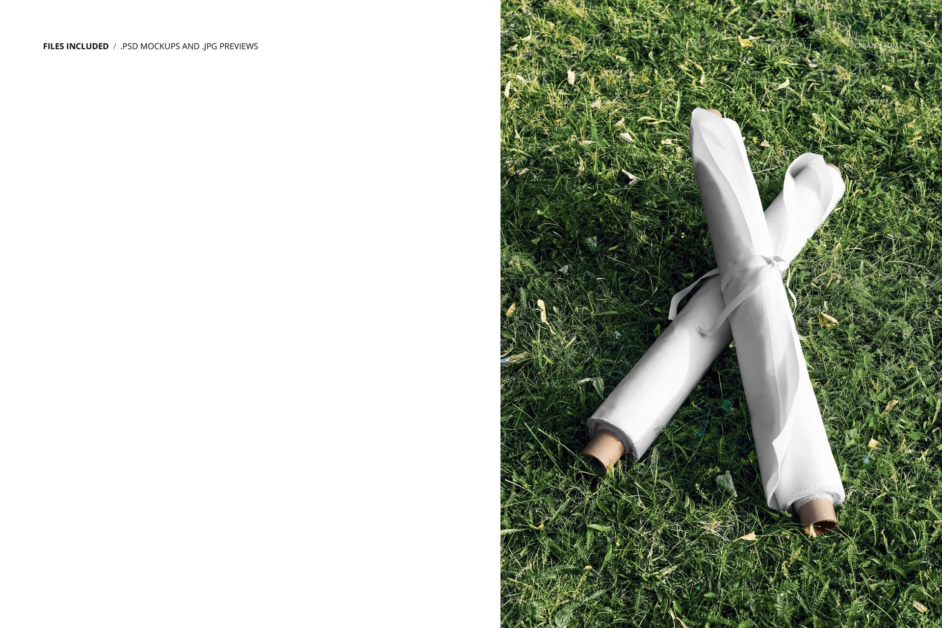 Two tied fabric rolls with plain white material placed on green grass, viewed from above in a mockup scene.