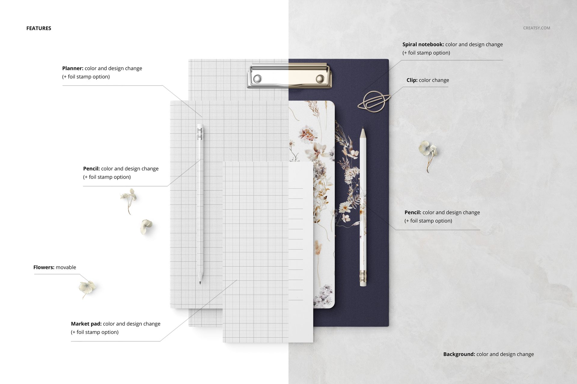 Stationery set mockup with planner, spiral notebook, pencils, clipboard, and flowers on split backgrounds.