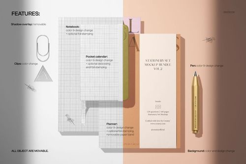 Stationery set mockup featuring a notebook, planner, pocket calendar, pen, and clips arranged on a split background.