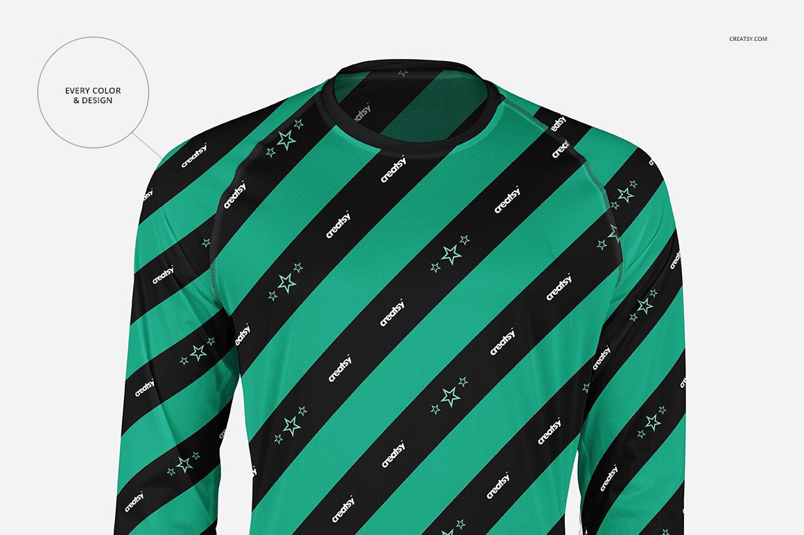 Mockup of a long sleeve athletic top featuring green and black diagonal stripes and small star patterns, front perspective.