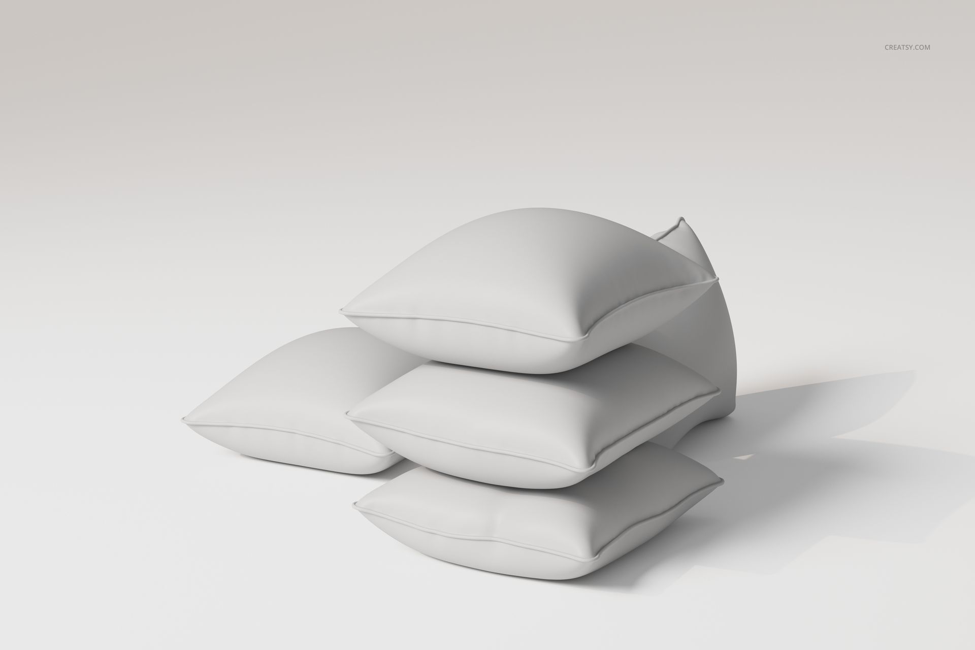 Four white piped cushions stacked in a staggered arrangement on a plain light background, viewed from the side.