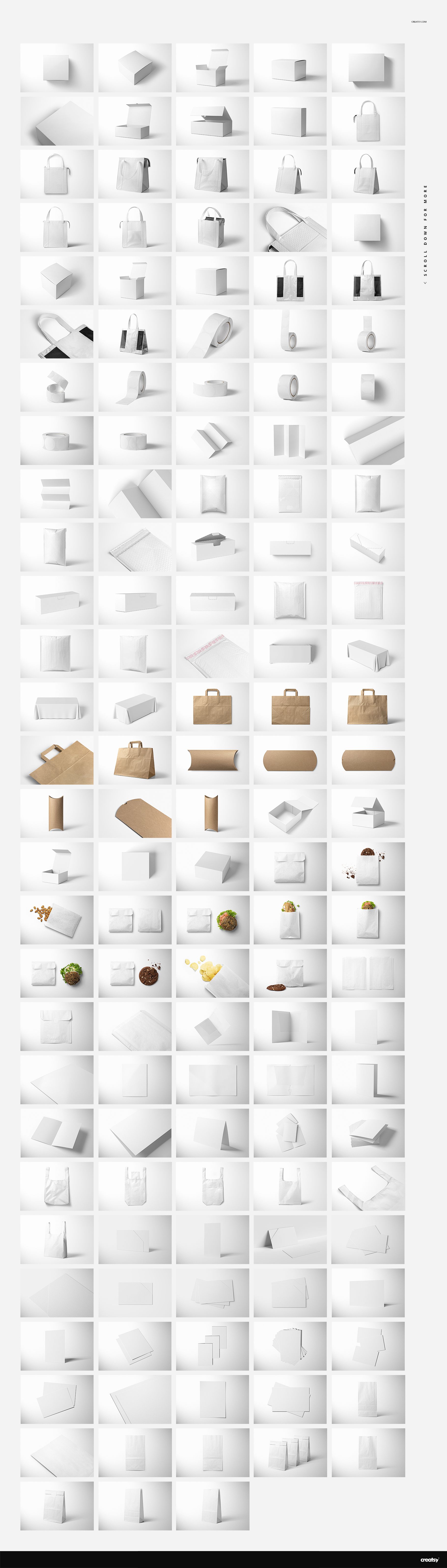 Assorted packaging and wrapping mockups including boxes, bags, bottles, and containers, displayed on white backgrounds.