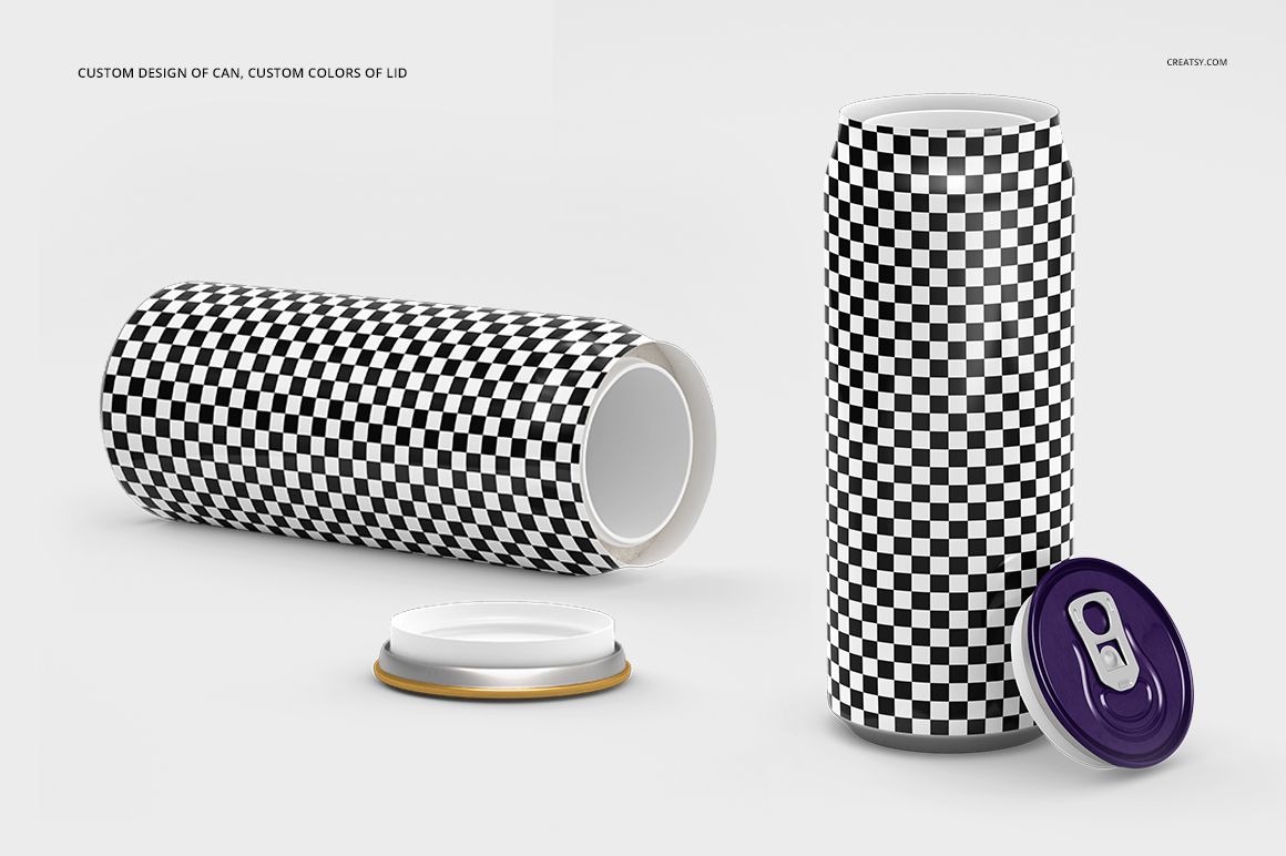 Tall can mockup with black and white checkerboard pattern, one can standing upright and one lying down with lid removed.