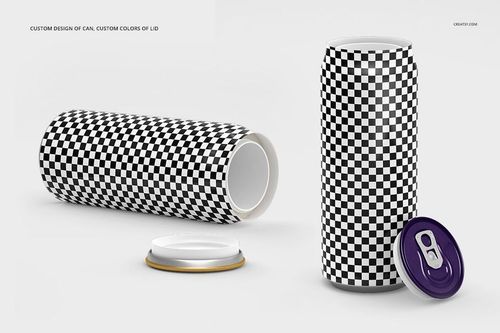 Tall can mockup with black and white checkerboard pattern, one can standing upright and one lying down with lid removed.