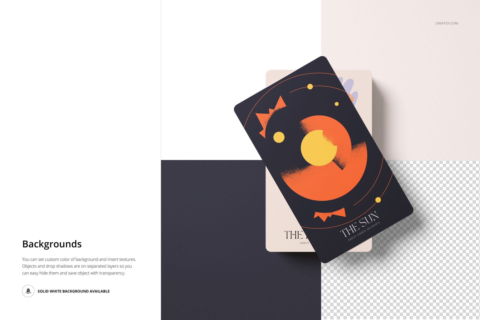 Top view of two tarot cards mockup, one featuring a bold orange sun design, placed on a geometric background.
