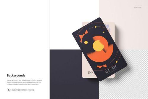 Top view of two tarot cards mockup, one featuring a bold orange sun design, placed on a geometric background.