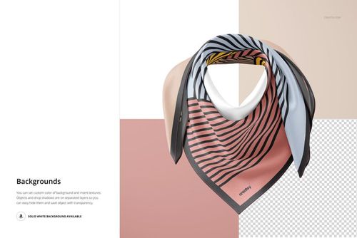Fashion accessory mockup showing a silk scarf with geometric patterns draped on a ghost mannequin, neutral background.