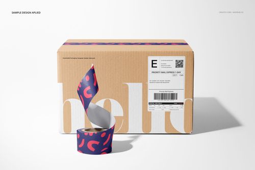Shipping packaging mockup showing a brown box, white label, and blue tape with pink abstract shapes in a studio setting.