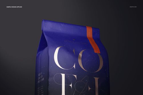 Matte finish coffee bag mockup with a dark blue color, gold lettering, and a red vertical stripe, shown in front view.